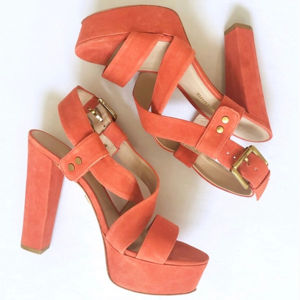 POUR LA VICTOIRE Naella Orange Suede Heels Sandals